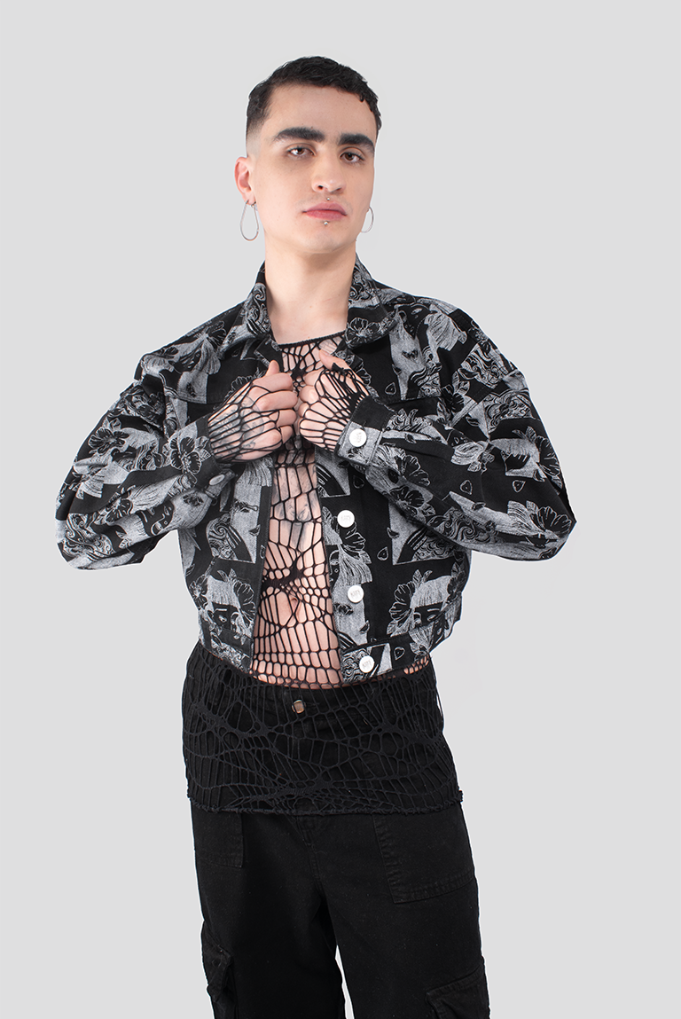 CHAQUETA DENIM ESTAMPADA ROSTROS NEGRO