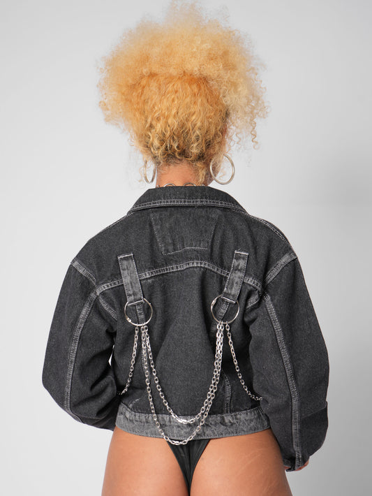 CHAQUETA DENIM JAZMIN GRIS OSCURO CADENAS