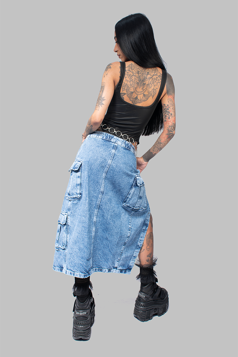 FALDA LARGA CARGO DENIM