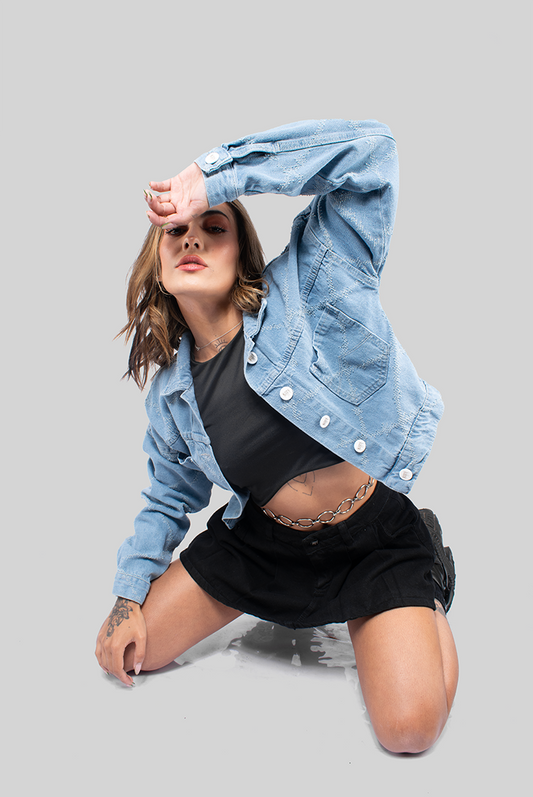 CHAQUETA DENIM OVER LAZER ROMBOS AZUL