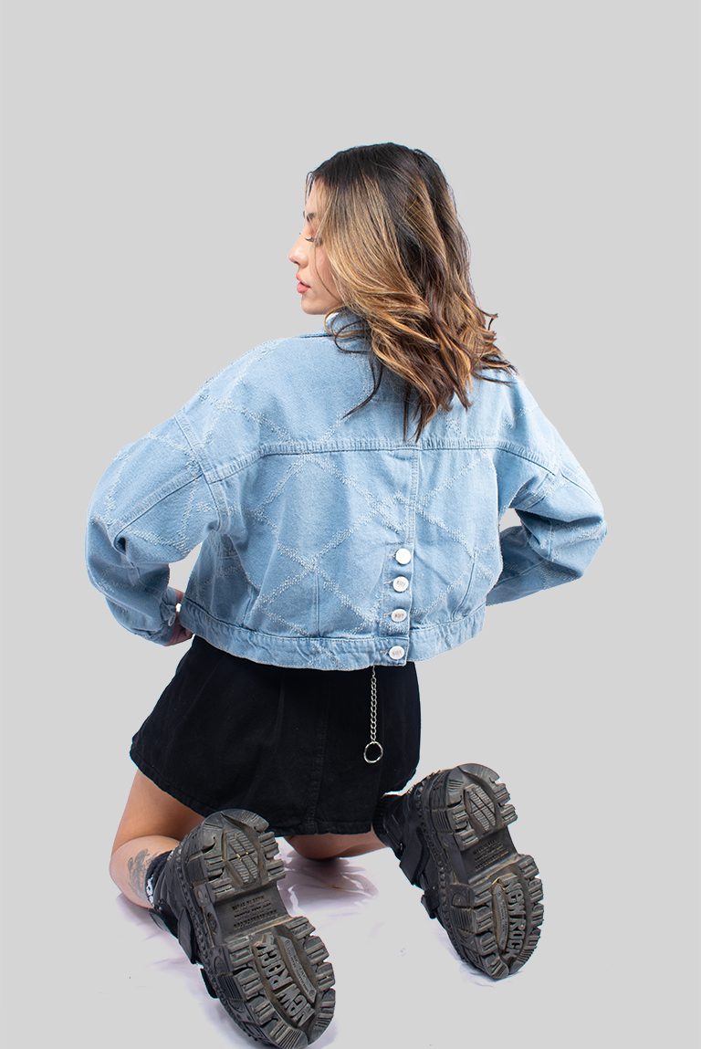 CHAQUETA DENIM OVER LAZER ROMBOS AZUL