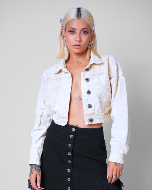 CHAQUETA DENIM OVER LAZER MARFIL