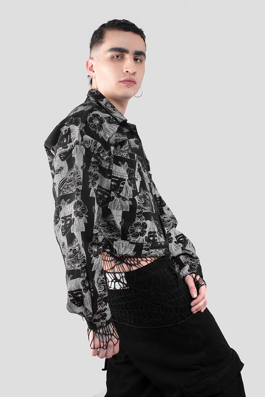 CHAQUETA DENIM ESTAMPADA ROSTROS NEGRO