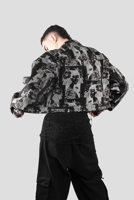 CHAQUETA DENIM ESTAMPADA ROSTROS NEGRO