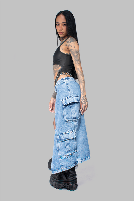 FALDA LARGA CARGO DENIM