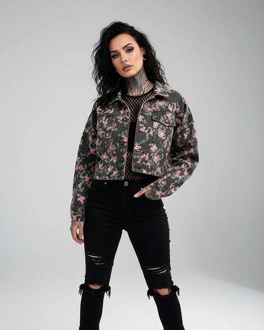 CHAQUETA DENIM ESTAMPADA FLORES ROSA
