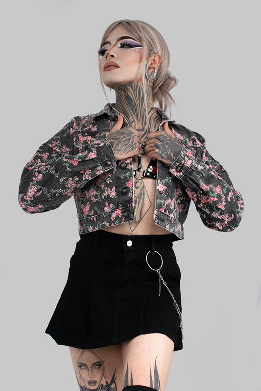 CHAQUETA DENIM ESTAMPADA FLORES ROSA